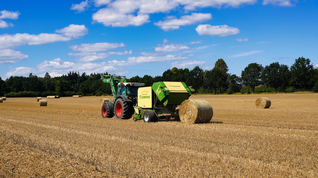 gallery-03 A tractor operates in a wheat field in Hohenhorn, harvesting hay bales on a sunny day.